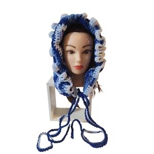 Hand Crafted Grannycore 3-Way Hat in Blue Tones Bonnet Balaclava & Ruffle Scarf